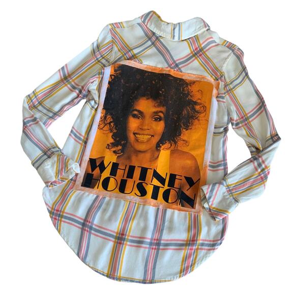 Via Penny Lane Reworked Apparel | Whitney Houston Custom Plaid Button Up Shirt - Picture 1 of 9